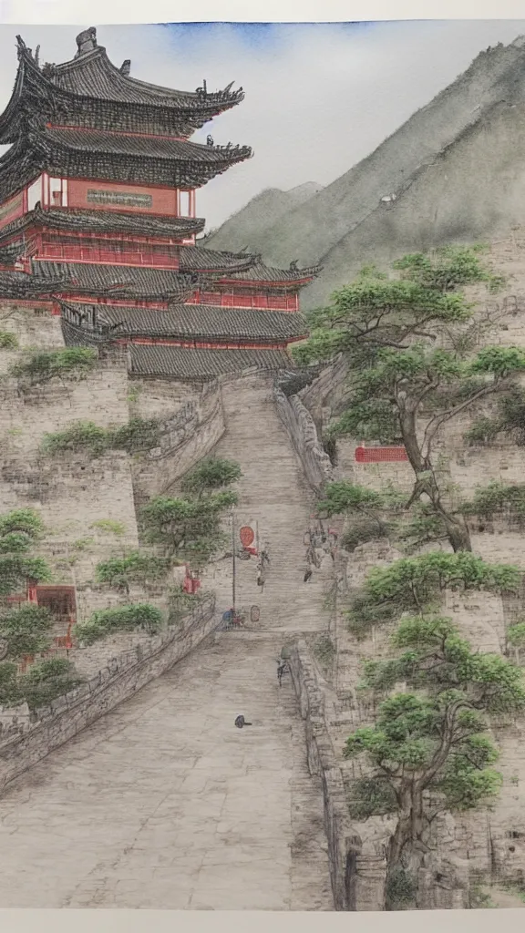 Image similar to Realistic watercolor painting of a ancient Chinese commercial street landscape,entrance of ancient Chinese city wall in the distance,foggy mountains in the background