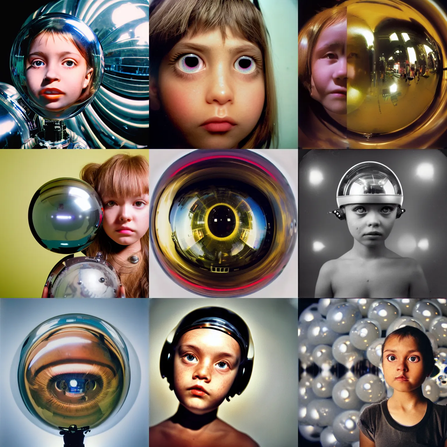 Prompt: a cyborg girl with huge shiny spherical eyes like glass spheres, looking straight at the camera. close-up, 12mm wide-angle, kodachrome, studio lighting