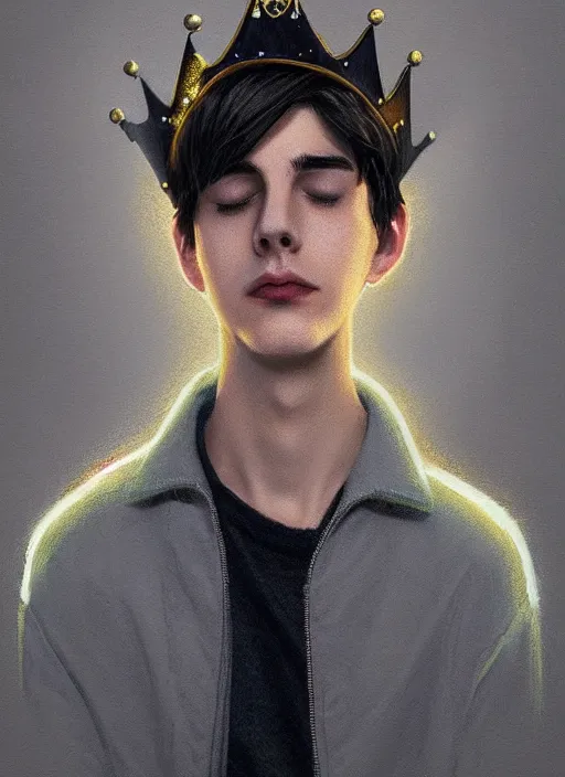Image similar to portrait of teenage jughead jones wearing a light grey crown, crown, hamburger background, eyes closed, crown, black hair, intricate, elegant, glowing lights, warm lighting, highly detailed, digital painting, artstation, concept art, smooth, sharp focus, illustration, art by wlop, mars ravelo and greg rutkowski