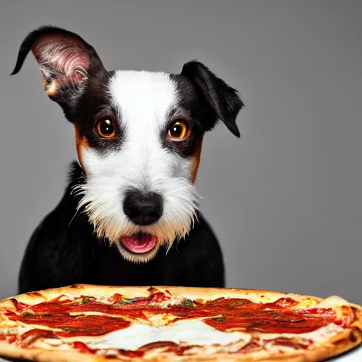 Image similar to detailed photo of a white jack russel eating pizza, various poses, full body, studio light, 8 k, photorealism, intricate detail, diffuse lighting