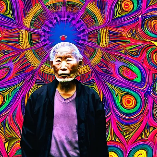 Image similar to selfie old japanese man, psychedelic background, horror