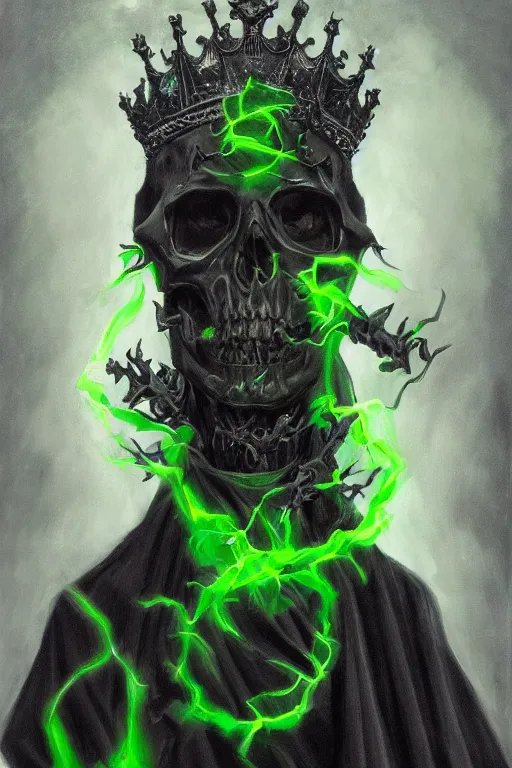 Prompt: portrait of an ominous skeleton king dressed in black robes wielding poisonous powers, glowing green and black tones, oil on canvas, gothic style, ornate, elegant, highly detailed, realistic, concept art, trending on artstation
