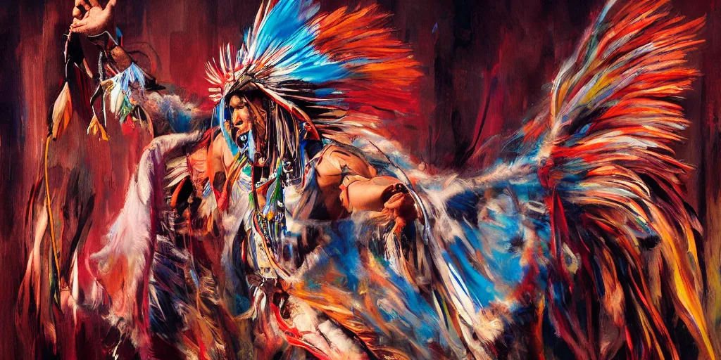 Image similar to of Native American Chief dancing spirit dance by Liam Wong and Boris Vallejo