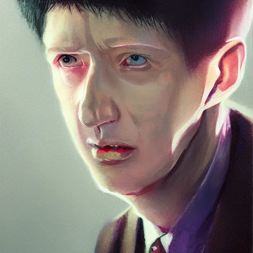 Prompt: hyper realistic, surreal, portrait of mob psycho, shigeo kageyama painted by greg rutkowski, wlop, loish,