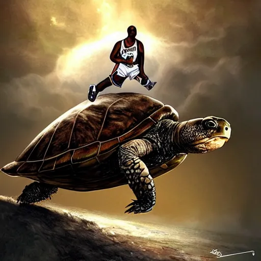 Prompt: kobe bryant riding on a turtle in heaven, amazing digital art, amazing detail, fantasy art, artstatiom, cgsociety, epic art