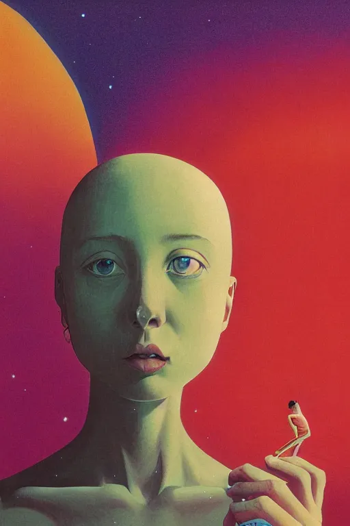 Image similar to a scifi closeup portrait of a young british woman licking a blotter paper of LSD acid on his tongue and dreaming psychedelic hallucinations in cosmos, by kawase hasui, moebius, Edward Hopper and James Gilleard, Zdzislaw Beksinski, Steven Outram colorful flat surreal design, hd, 8k, artstation