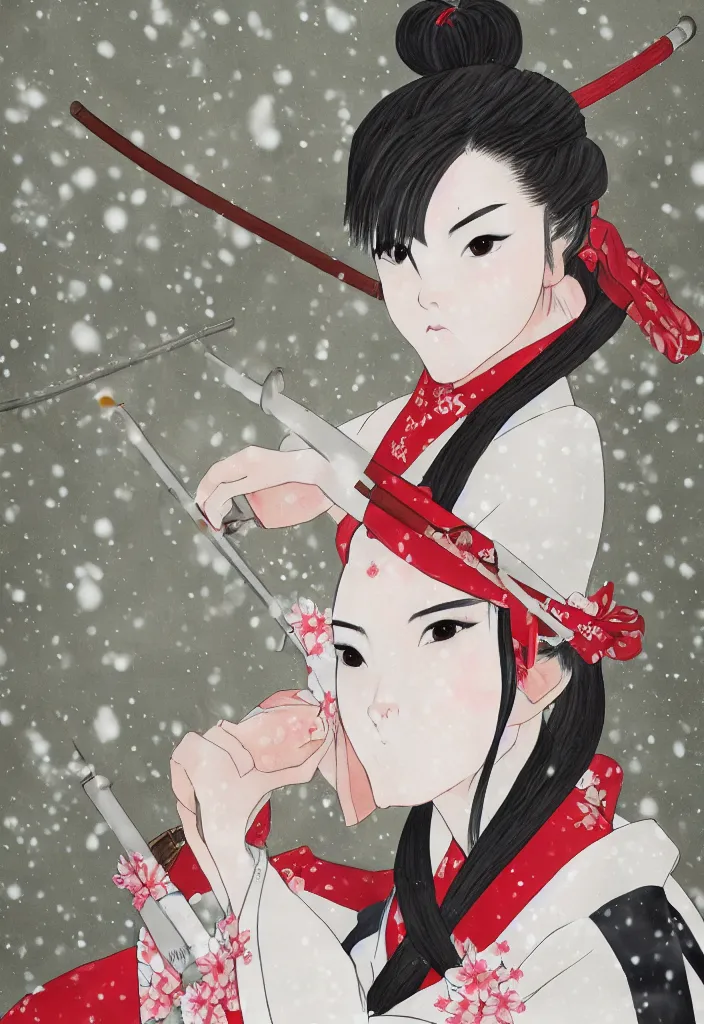 Prompt: detailed portrait of girl samurai in hakama with swords and rifles, in snow forest sakura cherry blossom, taisho roman, trending on artstation, elite, elegant, luxury, perfect face, fine details, realistic shaded, fine - face, pretty face