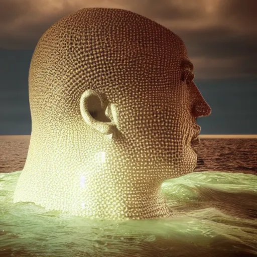 Image similar to a giant aqua sculpture of a human head on the ocean water, cinematic, in the style of chad knight, long shot, hyper detailed, hyper realistic, ray tracing, 8 k resolution, sharp focus, realistic water, award winning