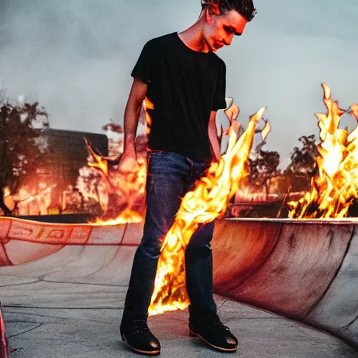 Prompt: advertisement for black skater brand jeans, skatepark on fire, photography, backlit by flames