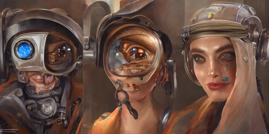 Prompt: highly detailed portrait painting of welder and angelina joile, mono eye window, symmetrical perfect eyes, by eddie mendoza and tyler edlin, 8 k resolution