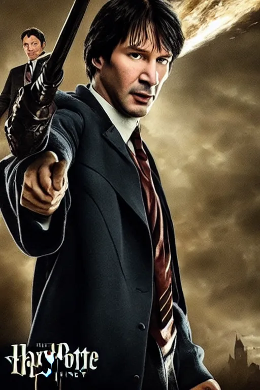 Image similar to Keanu Reaves playing Harry Potter in Harry Potter and the Rise Of The Machines Movie Poster