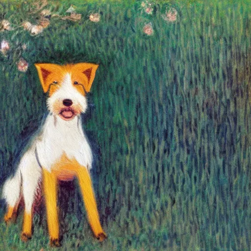 Image similar to an oil painting of a wire - haired fox terrier barking all the time at golden hour painted by monet masterpiece 8 k