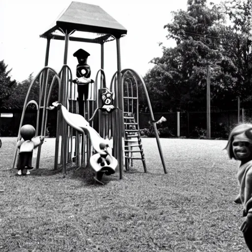 Prompt: 1 9 7 0 s black and white horror picture of a playground with children playing, but with a creepy figure in the background