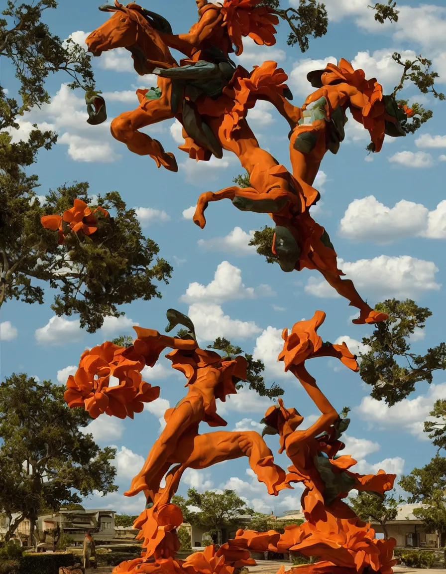 Image similar to a cowboy turning into blooms by slim aarons, by zhang kechun, by lynda benglis, by frank frazetta. tropical sea slugs, angular sharp tractor tires. bold complementary colors. warm soft volumetric light. 8 k, 3 d render in octane unreal engine. a manly cowboy riding by syd mead. sculpture by antonio canova. blue orange