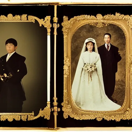 Image similar to a wide full shot, colored russian and japanese mix historical fantasy of a photograph portrait taken of a royal wedding processional ceremony, photographic portrait, warm lighting, 1 9 0 7 photo from the official wedding photographer for the royal wedding.