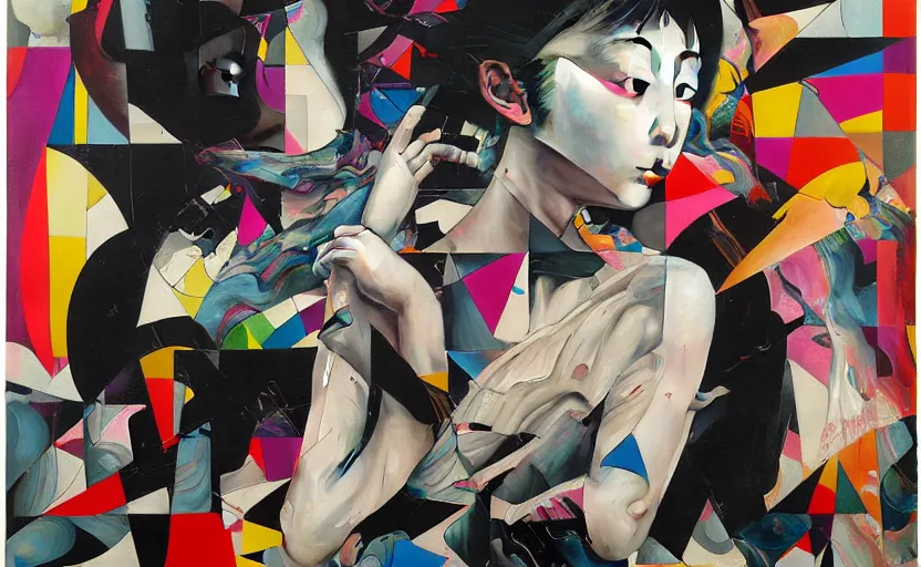 Image similar to decollage painting young japanese actress struggling in a ruined city by adrian ghenie and takato yamamoto and edward hopper and mark ryden and tsutomu nihei, part by bridget riley, acrylic pour and splashing paint, very coherent, baroque elements, perfect anatomy, intricate design. pop art.