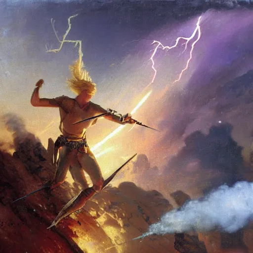 Image similar to a man with blonde hair shooting lightning bolts at his enemy in battle. detailed matte painting. masterpiece. 4 k. fantasy art. by gaston bussiere. derek zabrocki. ralph mcquarrie.