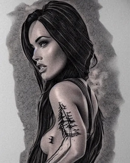 Prompt: double exposure tattoo design sketch of megan fox and beautiful mountains, realism tattoo, in the style of matteo pasqualin, amazing detail, sharp