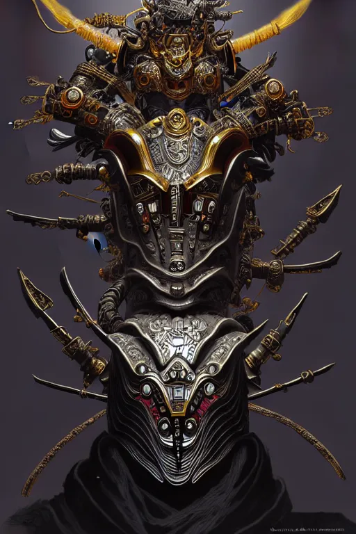 Prompt: asura from chinese myth, ancient japanese samurai, luxurious armor mixed with leather and metal, gothic diablo art, rococo art, cyberpunk, mecha, halfturn portrait of a big crystal face made of crystals half - turn, ominous, intricate, studio, art by anthony macbain + greg rutkowski + alphonse mucha, concept art, 4 k, sharp focus