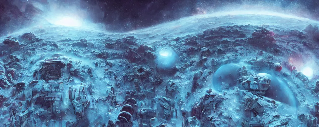 Image similar to ” outer planet covered with ice, [ art by paul lehr, cinematic, detailed, epic, widescreen, opening, establishing, mattepainting, photorealistic, realistic textures, octane render ] ”