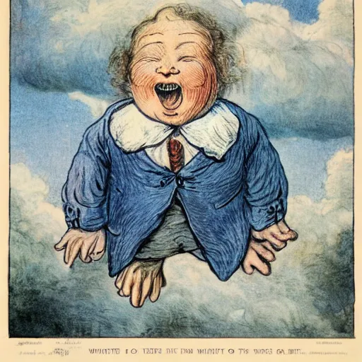 Image similar to candid portrait of white ball human face hybrid in the sky with face smiling eyes closed, mouth open, surrounded by clouds, illustrated by peggy fortnum and beatrix potter and sir john tenniel