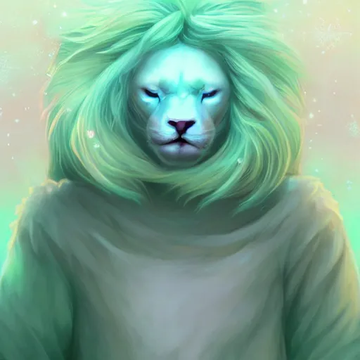 Prompt: aesthetic portrait commission of a albino male furry anthro lion entering a heavenly coherently shaped void made out of bubbles while wearing a cute mint colored cozy soft pastel wizard outfit, winter Atmosphere. Character design by charlie bowater, ross tran, artgerm, and makoto shinkai, detailed, inked, western comic book art, 2021 award winning painting