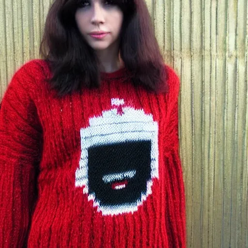 Prompt: a hand knit wool sweater with a lady gaga face pattern