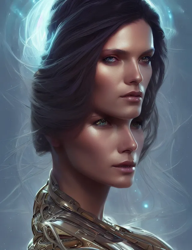 Image similar to futuristic woman portrait, sci-fi, amber eyes, face, long hair, fantasy, intricate, elegant, highly detailed, digital painting, artstation, concept art, smooth, sharp focus, illustration, art by artgerm and greg rutkowski and alphonse mucha