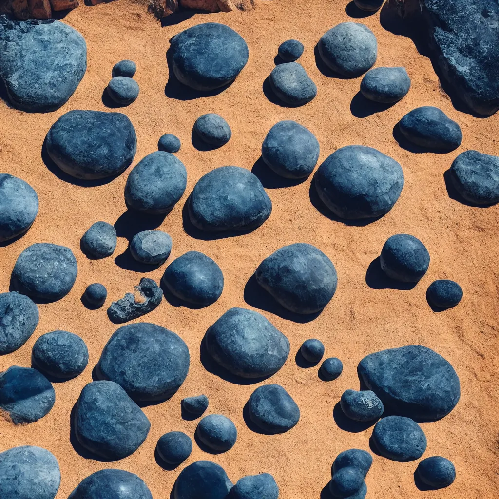 Prompt: obsidian boulders outdoor sculpture, orange sand desert with pools of milky blue water, bubbles, light leaks, birds eye view