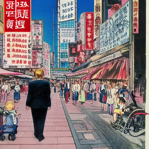 Image similar to glossy old advertising poster, chubby baby donald trump walking through crowded hong kong street, vendors, drawn comic by junji ito, pastels, gradient