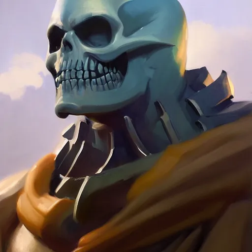 Image similar to greg manchess portrait painting of partially armored powerful skeletor overwatch character, medium shot, asymmetrical, profile picture, organic painting, sunny day, matte painting, bold shapes, hard edges, street art, trending on artstation, by huang guangjian, gil elvgren, ruan jia, greg rutkowski, gaston bussiere