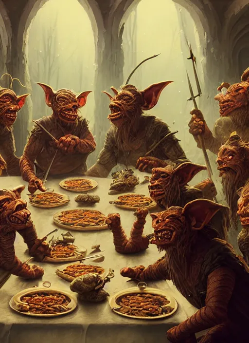 Prompt: highly detailed closeup group portrait of medieval goblins having a banquet, stephen bliss, unreal engine, greg rutkowski, ilya kuvshinov, ross draws, hyung tae and frank frazetta, tom bagshaw, tom whalen, nicoletta ceccoli, mark ryden, earl norem, global illumination, god rays, detailed and intricate environment