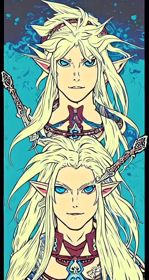 Image similar to link as the fierce diety form with white hair!! from the legend of zelda!! portrait illustration, pop art, splash painting, art by geof darrow, ashley wood, alphonse mucha, makoto shinkai