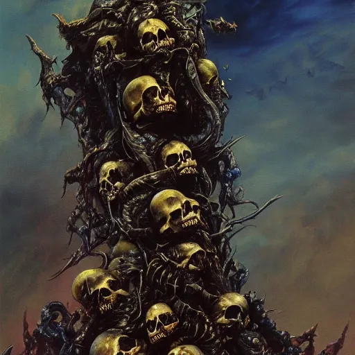 Prompt: vertical pile of 3 skulls vomiting black tar, wayne barlow, bruce pennington, donato giancola, larry elmore, oil on canvas, masterpiece, trending on artstation, featured on pixiv, cinematic composition, dramatic pose, beautiful lighting, sharp, details, hyper - detailed, hdr, 4 k, 8 k