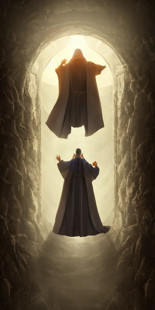 Image similar to a wizard in a cloak standing in front of a portal to wisdom, tall door, high ceiling, magic light, light beam, cinematic atmosphere, high definition, ultra detailed