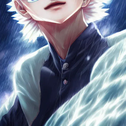 Image similar to killua zoldyck in rossdraws art, with thunderstorms, 8 k, bright colors, detailed face, details, sharp smooth, aykut aydogdu