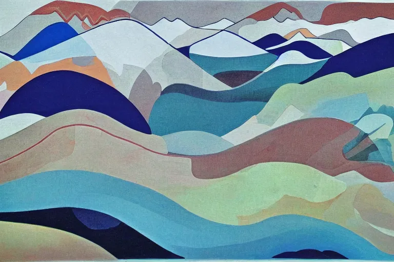 Image similar to A modernist landscape painting. Wild energy patterns rippling in all directions. Curves, zig-zags. Organic. Mountains. Clouds. Vegetation. Rushing water. Waves. LSD.