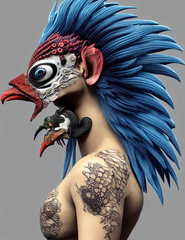 Image similar to 3 d goddess close - up profile simple portrait punk with mohawk with goat skull. beautiful intricately detailed japanese crow kitsune mask and clasical japanese kimono. betta fish, jellyfish phoenix, bio luminescent, plasma, ice, water, wind, creature, artwork by tooth wu and wlop and beeple and greg rutkowski