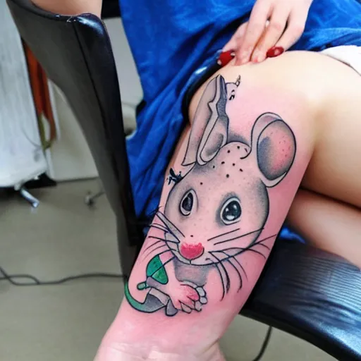 Prompt: tatoo on girl's leg with cute rat reading newspaper
