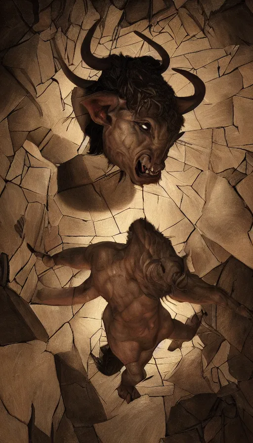 Image similar to Minotaur in a Maze, by Caravaggio, studio ghibli, cinematic lighting, intricate, highly detailed, digital painting, trending on artstation, Illustration, epic scale