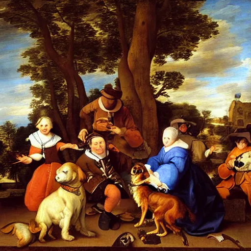 Prompt: a painting of a group of people and a dog, a flemish baroque by jan steen, trending on flickr, pre - raphaelitism, dutch golden age, flemish baroque, rococo