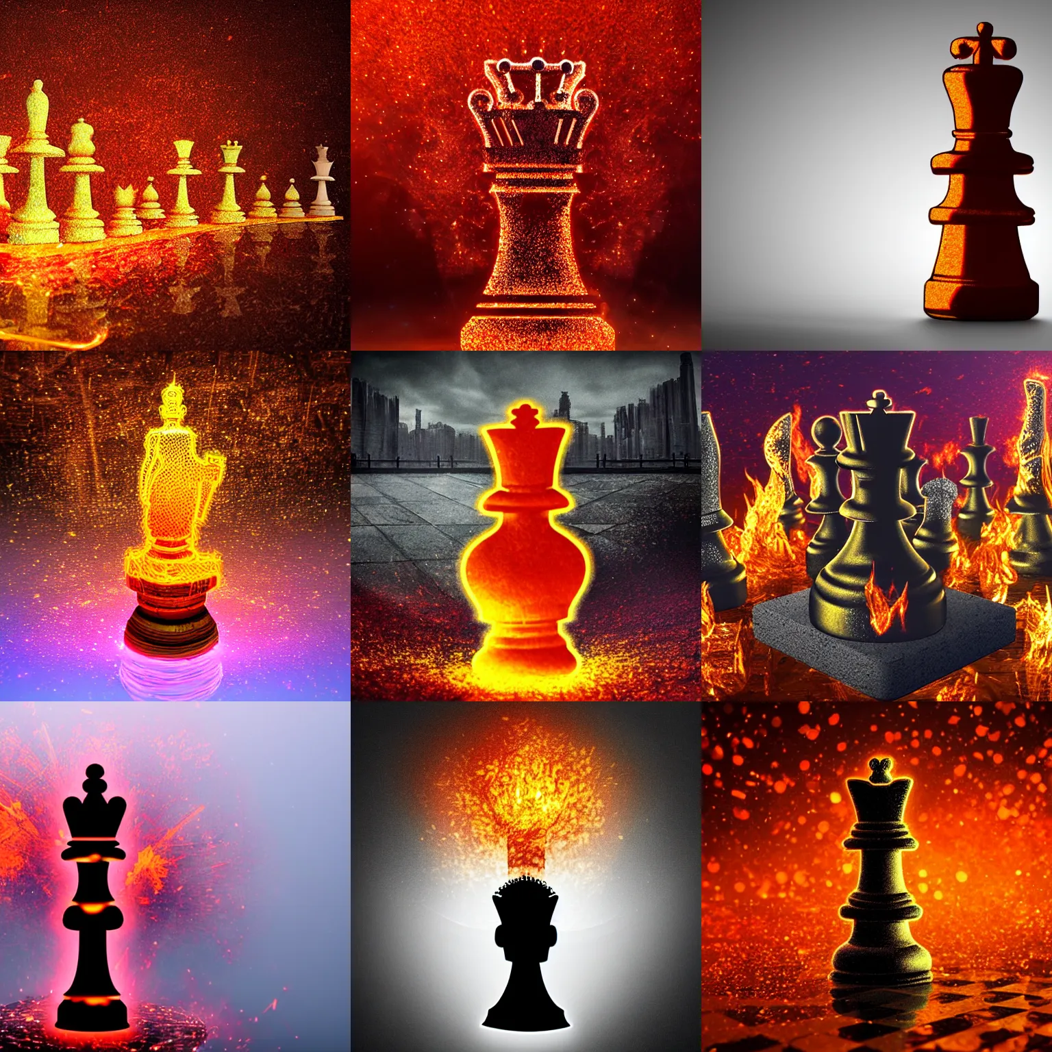 Prompt: queen chess piece made of glowing embers, cities flourishing, digital forest, high quality architectural art