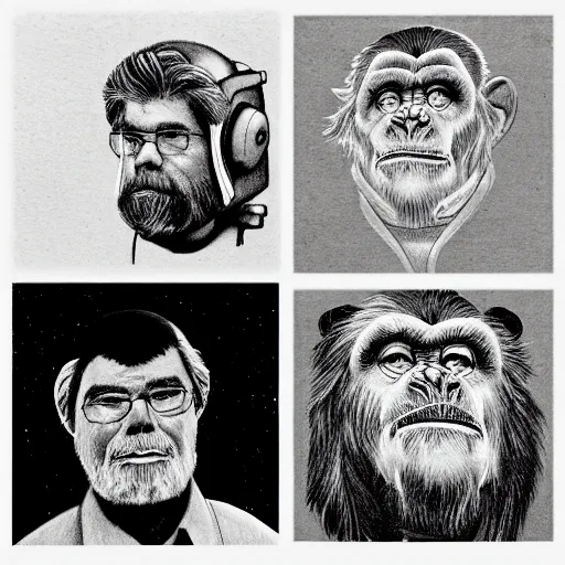 Prompt: pencil art, realistic self portrait, astronaut a and two chimpanzees, style of george lucas.