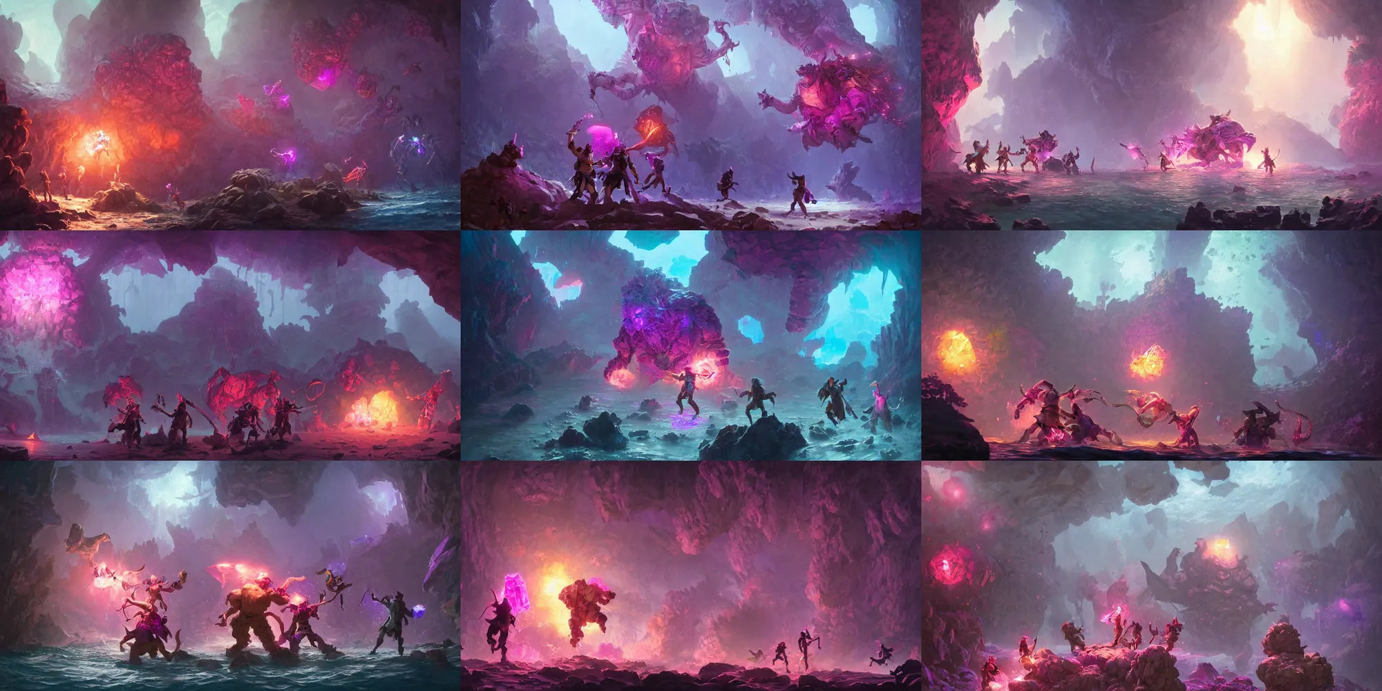Prompt: d & d adventurers fighting a giant crystal golem, combat scene, fantasy concept art, bright pink purple orange lights, underwater, watery caverns, art by greg rutkowski