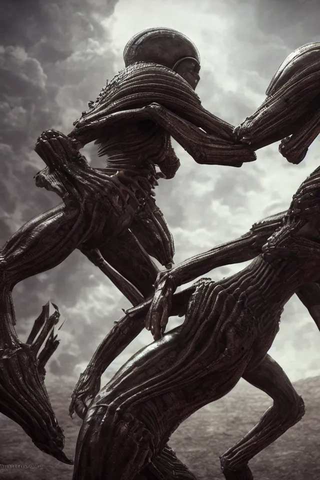 Image similar to Two Alien Mutant Gladiators Battle To Their Demise In Another Universe Moebius HR Giger Style, 8K, octane render, HDR, volumetric lighting, Production I.G. Anime Style