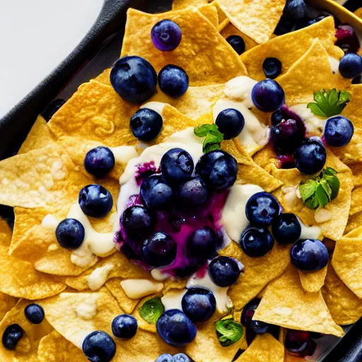 Image similar to nachos with blueberry jelly on top, closeup, professional food photography,