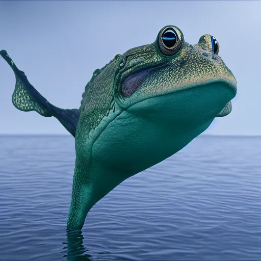 Image similar to hybrid of frog whale swimming in ocean, extremely detailed raytracing, vray, 5 5 mm