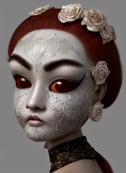 Prompt: closeup portrait a beautiful woman wearing a porcelain mask, moebius : 1 0, mark ryden : 5, popovy sisters : 1 0, intricate, hyperdetailed, bjd, trending on artstation : 3
