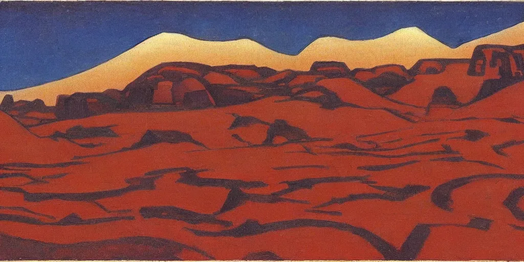 Image similar to martian landscape by nicholas roerich,