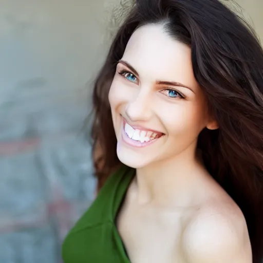 Image similar to beautiful woman with green eyes smiling, highly detailed, natural sunlight, few backlighting